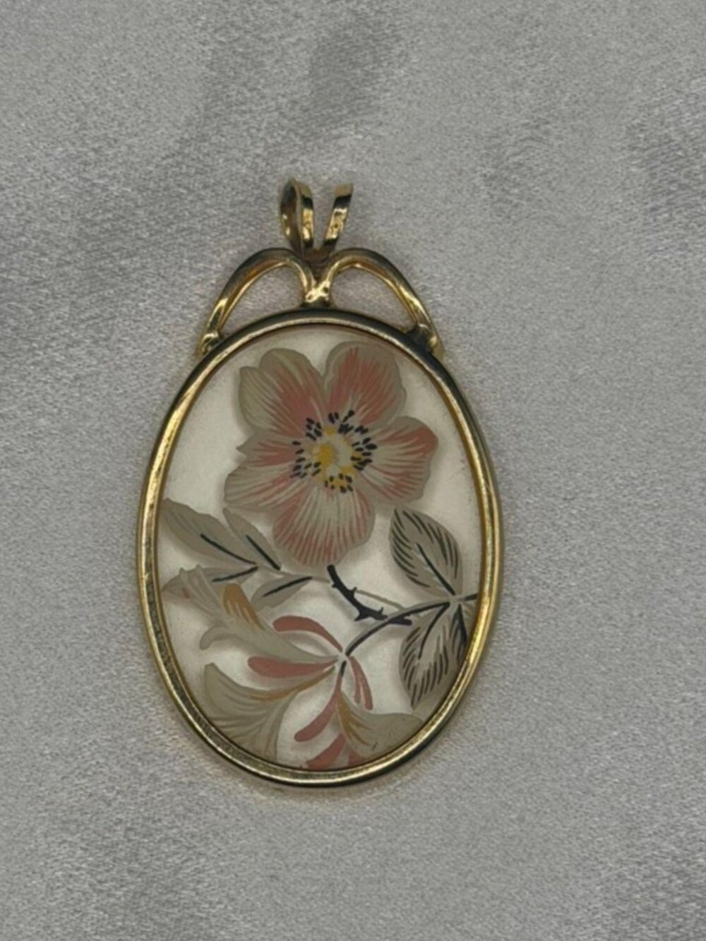 Vintage Gold Tone Cottagecore Floral Oval Pendant
